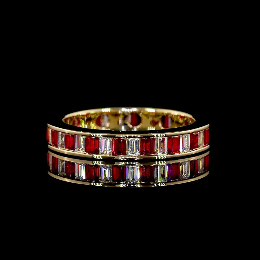 14K Yellow Gold Eternity Band with Alternating Baguette Lab-Grown Rubies and Diamonds - 0.86 Carat Total Weight - Covaloro Fine Jewelry