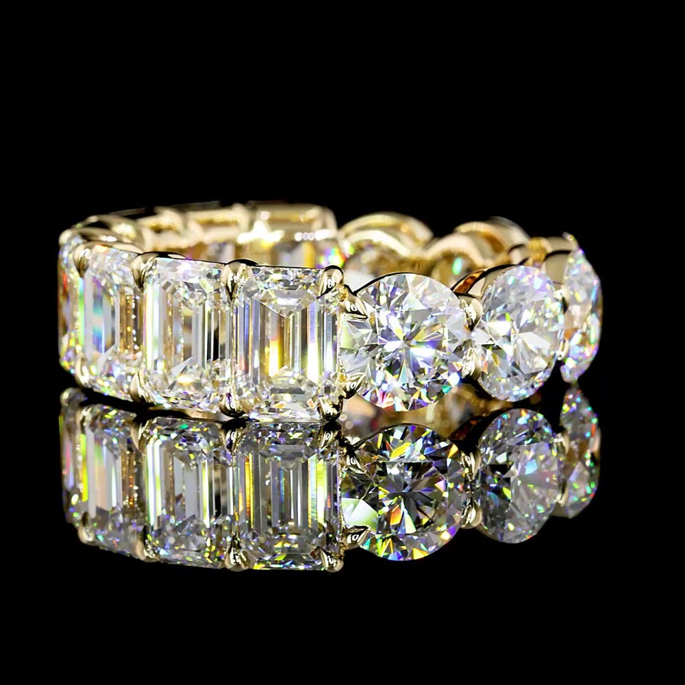 14K Yellow Gold Eternity Band with Alternating Emerald Cut and Round Brilliant Lab Diamonds - 10.72 Carat Total Diamond Weight - Covaloro Fine Jewelry