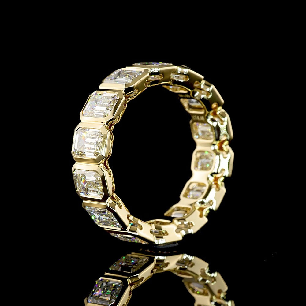 14K Yellow Gold Eternity Band with Bezel-Set Emerald Cut Lab Diamonds - 6.46 Carat Total Weight, E-F Color VS1 Clarity - Covaloro Fine Jewelry
