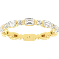 14K Yellow Gold Eternity-Style Wedding Band with Alternating Emerald Cut and Round Diamonds - 0.85 Carat Total Diamond Weight - Royal Jewelry