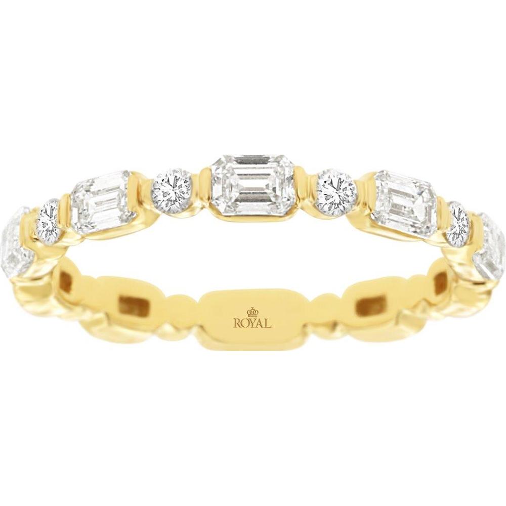 14K Yellow Gold Eternity-Style Wedding Band with Alternating Emerald Cut and Round Diamonds - 0.85 Carat Total Diamond Weight - Royal Jewelry