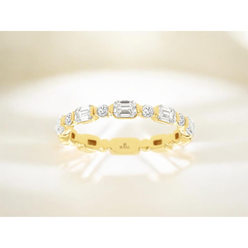 14K Yellow Gold Eternity-Style Wedding Band with Alternating Emerald Cut and Round Diamonds - 0.85 Carat Total Diamond Weight - Royal Jewelry