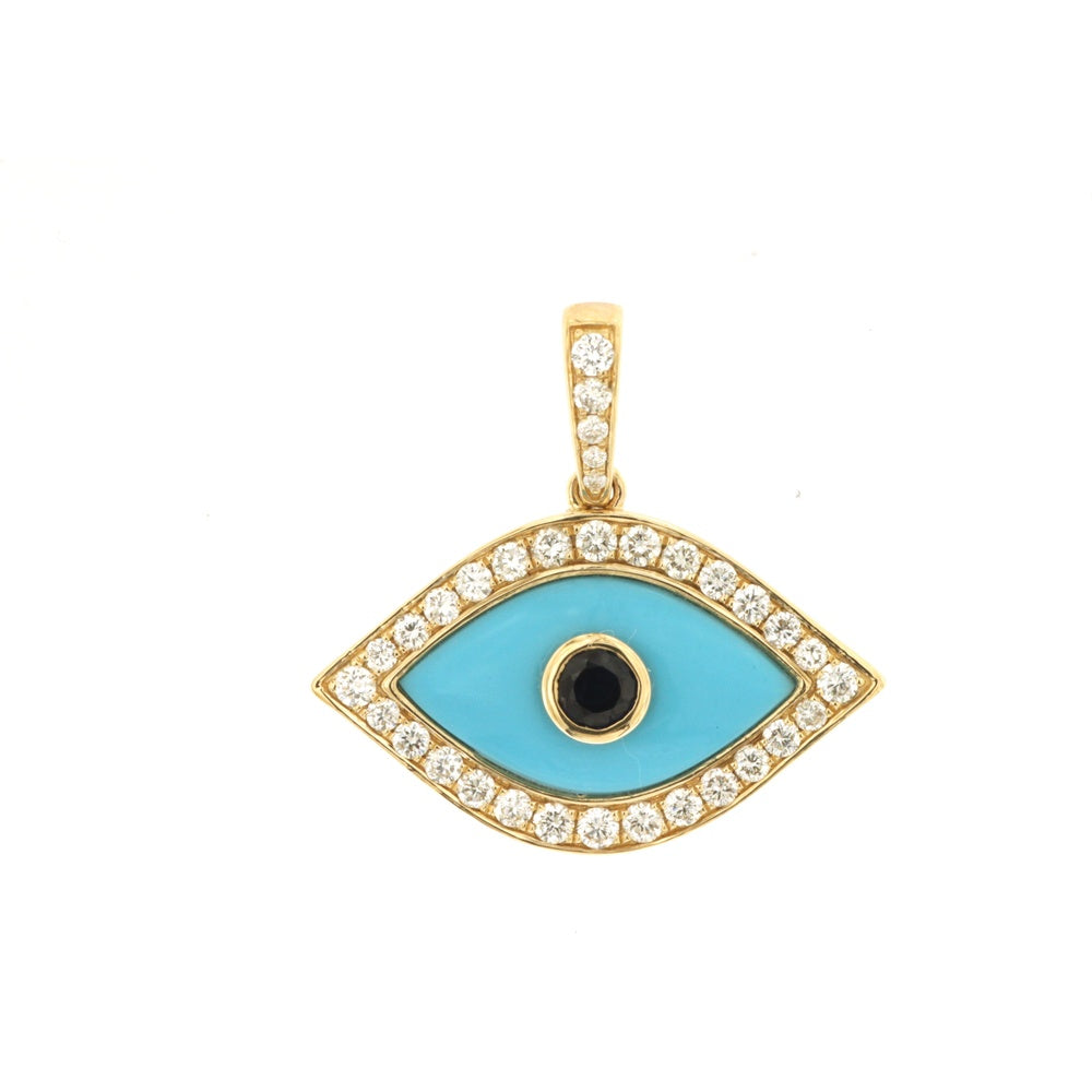 14K Yellow Gold Evil Eye Motif Pendant with Turquoise Inlay, Diamond Halo and Center Black Sapphire - 0.45 Carat Total Diamond Weight and 0.18 Carat Black Sapphire - Royal Jewelry