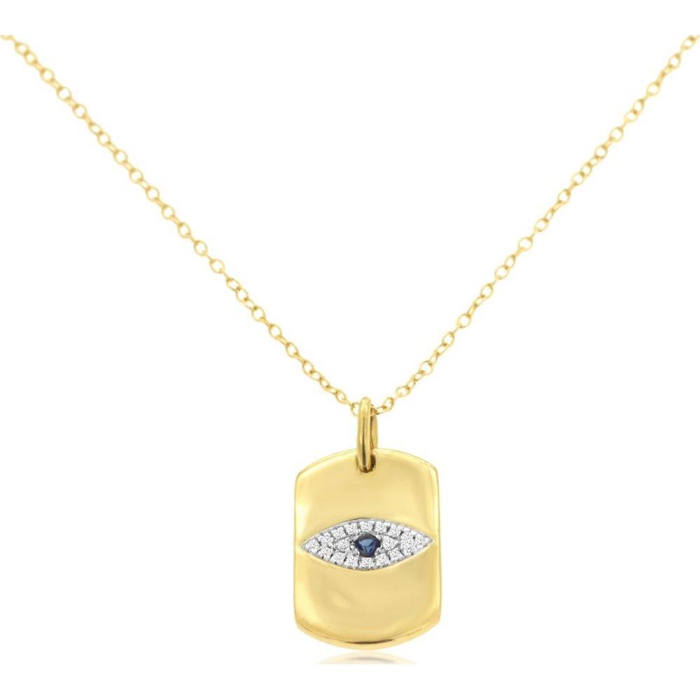 14K Yellow Gold Evil Eye Pendant Necklace with Round Sapphire and Diamond Halo - 0.04 Carat Sapphire, 0.05 Carat Total Diamond Weight - Royal Jewelry