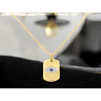 14K Yellow Gold Evil Eye Pendant Necklace with Round Sapphire and Diamond Halo - 0.04 Carat Sapphire, 0.05 Carat Total Diamond Weight - Royal Jewelry