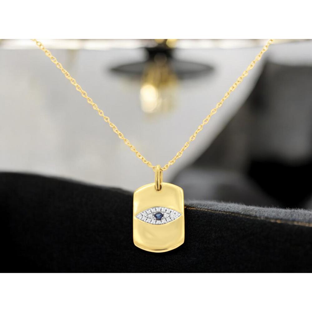 14K Yellow Gold Evil Eye Pendant Necklace with Round Sapphire and Diamond Halo - 0.04 Carat Sapphire, 0.05 Carat Total Diamond Weight - Royal Jewelry