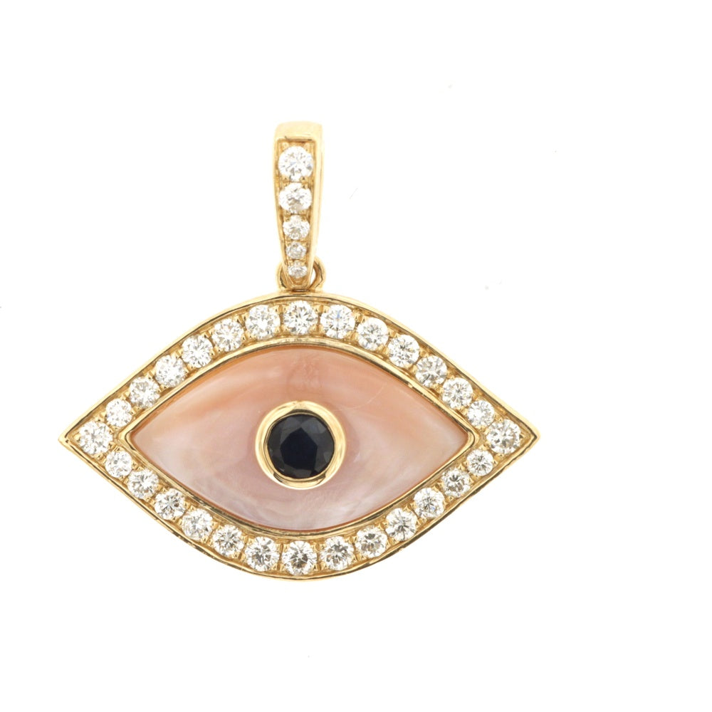 14K Yellow Gold Evil Eye Pendant with Mother of Pearl, Round Diamond Halo 0.45cttw and Bezel-Set Blue Sapphire 0.18ct - Royal Jewelry