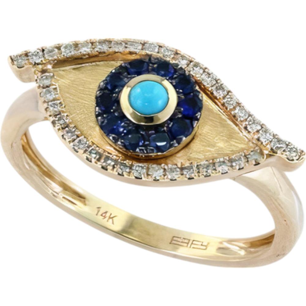 14K Yellow Gold Evil Eye Ring with Turquoise Center, 0.10 Carats Sapphires & 0.15 Carats Diamonds