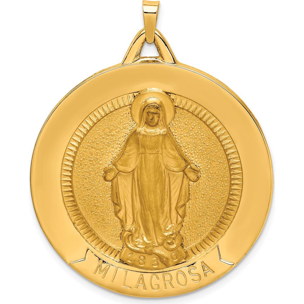 14K Yellow Gold Extra Large Spanish Milagrosa Medal Pendant with Satin and Polished Finish - 42.5mm Length, 34.5mm Width by Oro Pregiato