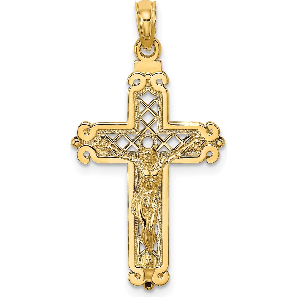 14K Yellow Gold Fancy Crucifix Charm with Polished Finish - 32.8mm Length by Oro Pregiato