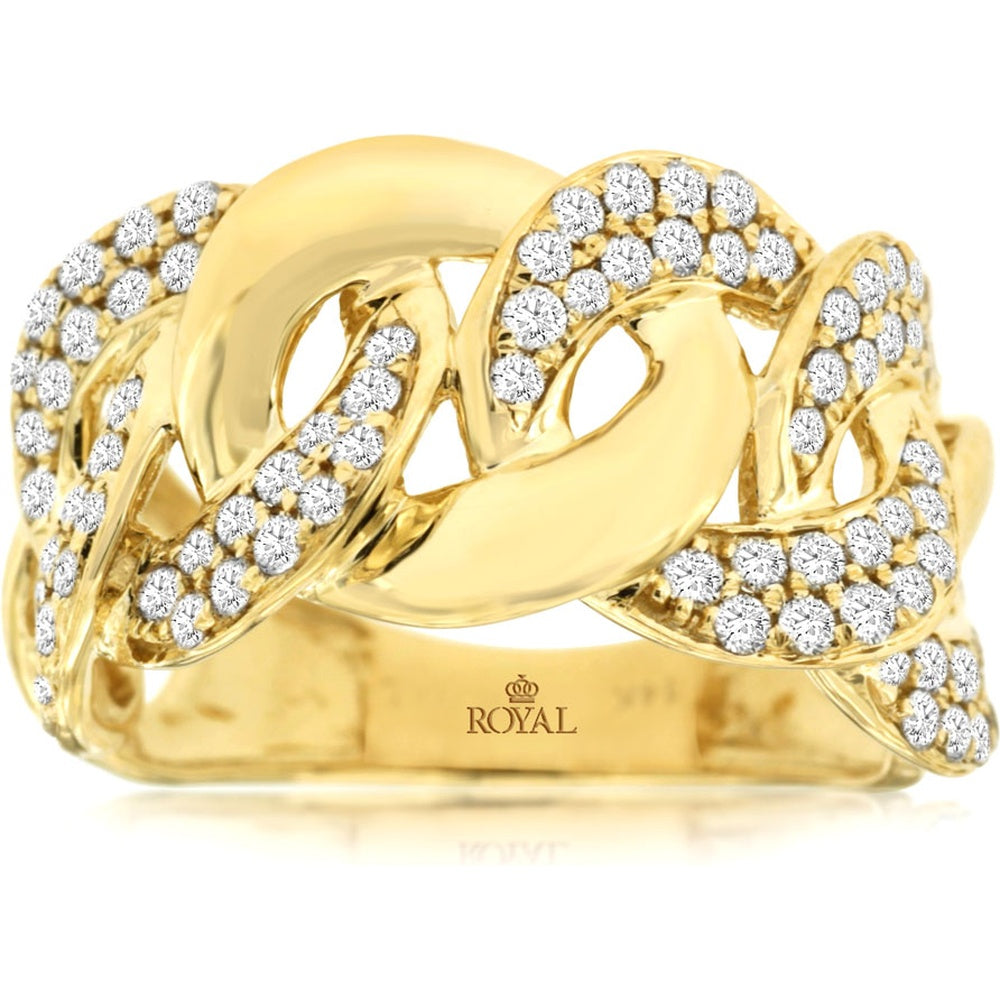 14K Yellow Gold Fancy Curb Link Ring with Prong-Set Round Diamonds - 1.00 Carat Total Diamond Weight - Royal Jewelry