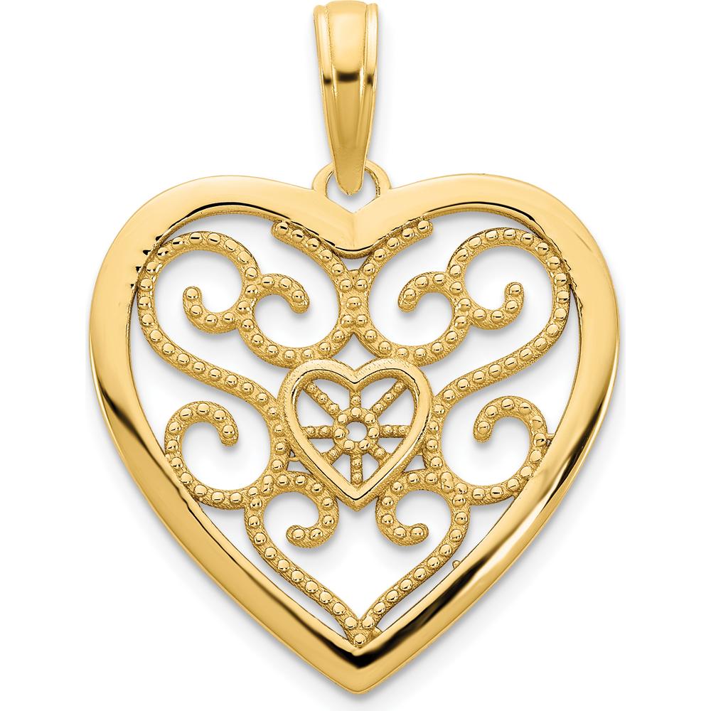 14K Yellow Gold Fancy Filigree Heart Pendant with Polished Finish by Oro Pregiato