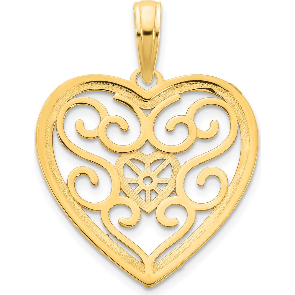 14K Yellow Gold Fancy Filigree Heart Pendant with Polished Finish by Oro Pregiato