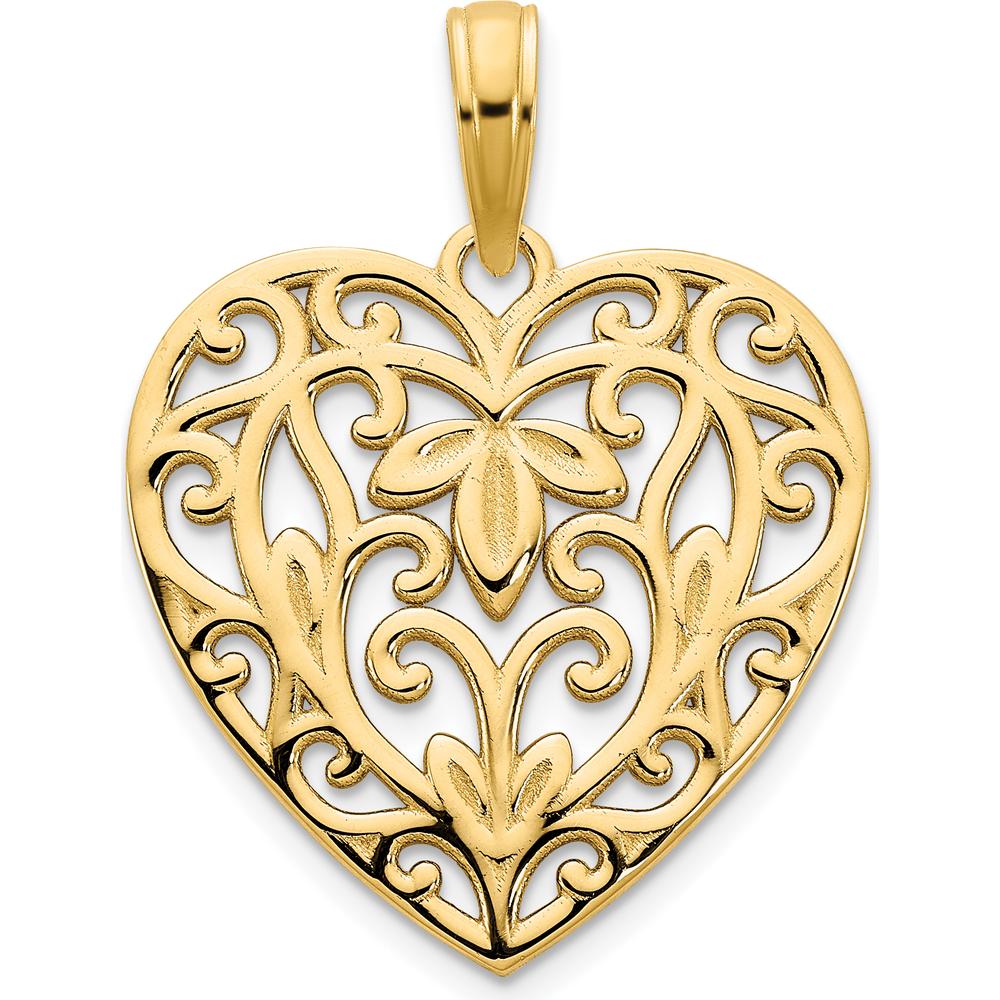 14K Yellow Gold Fancy Filigree Heart Pendant with Reversible Design and Polished Finish by Oro Pregiato