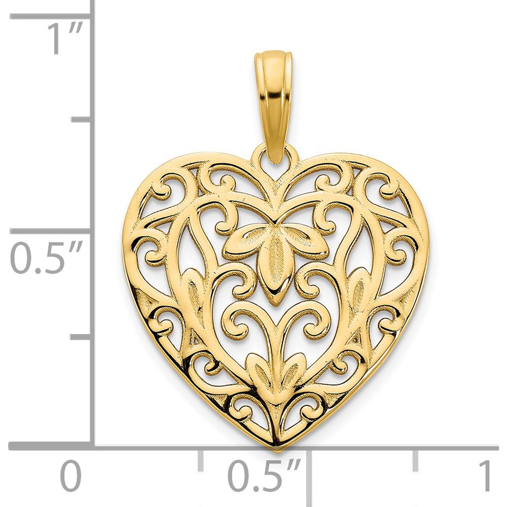 14K Yellow Gold Fancy Filigree Heart Pendant with Reversible Design and Polished Finish by Oro Pregiato