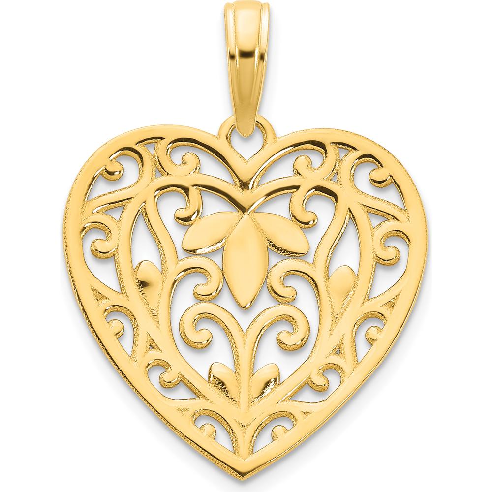 14K Yellow Gold Fancy Filigree Heart Pendant with Reversible Design and Polished Finish by Oro Pregiato
