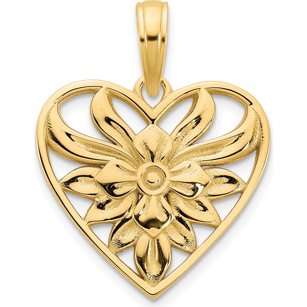 14K Yellow Gold Fancy Filigree Heart Pendant with Textured Back - 15.23mm Length by Oro Pregiato