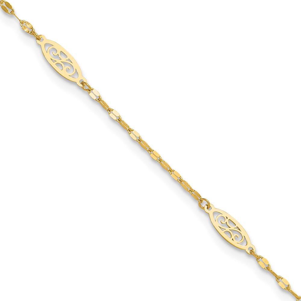 14K Yellow Gold Fancy Filigree Link 5-Station Adjustable Anklet - 9" Plus 1" Extender
