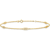 14K Yellow Gold Fancy Filigree Link 5-Station Adjustable Anklet - 9" Plus 1" Extender