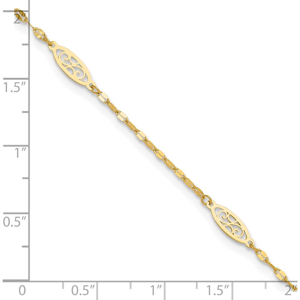14K Yellow Gold Fancy Filigree Link 5-Station Adjustable Anklet - 9" Plus 1" Extender