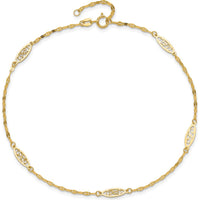 14K Yellow Gold Fancy Filigree Link 5-Station Adjustable Anklet - 9" Plus 1" Extender