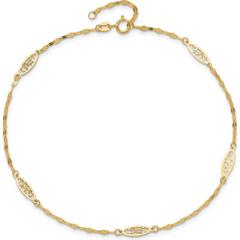 14K Yellow Gold Fancy Filigree Link 5-Station Adjustable Anklet - 9" Plus 1" Extender