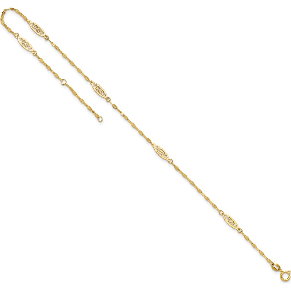 14K Yellow Gold Fancy Filigree Link 5-Station Adjustable Anklet - 9" Plus 1" Extender