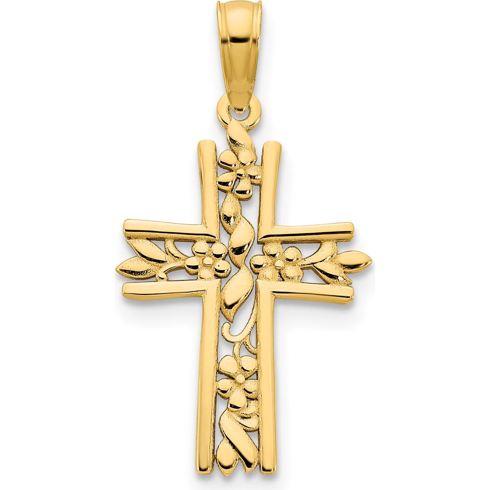 14K Yellow Gold Fancy Floral Cross Pendant - Elegant Textured Religious Charm by Oro Pregiato