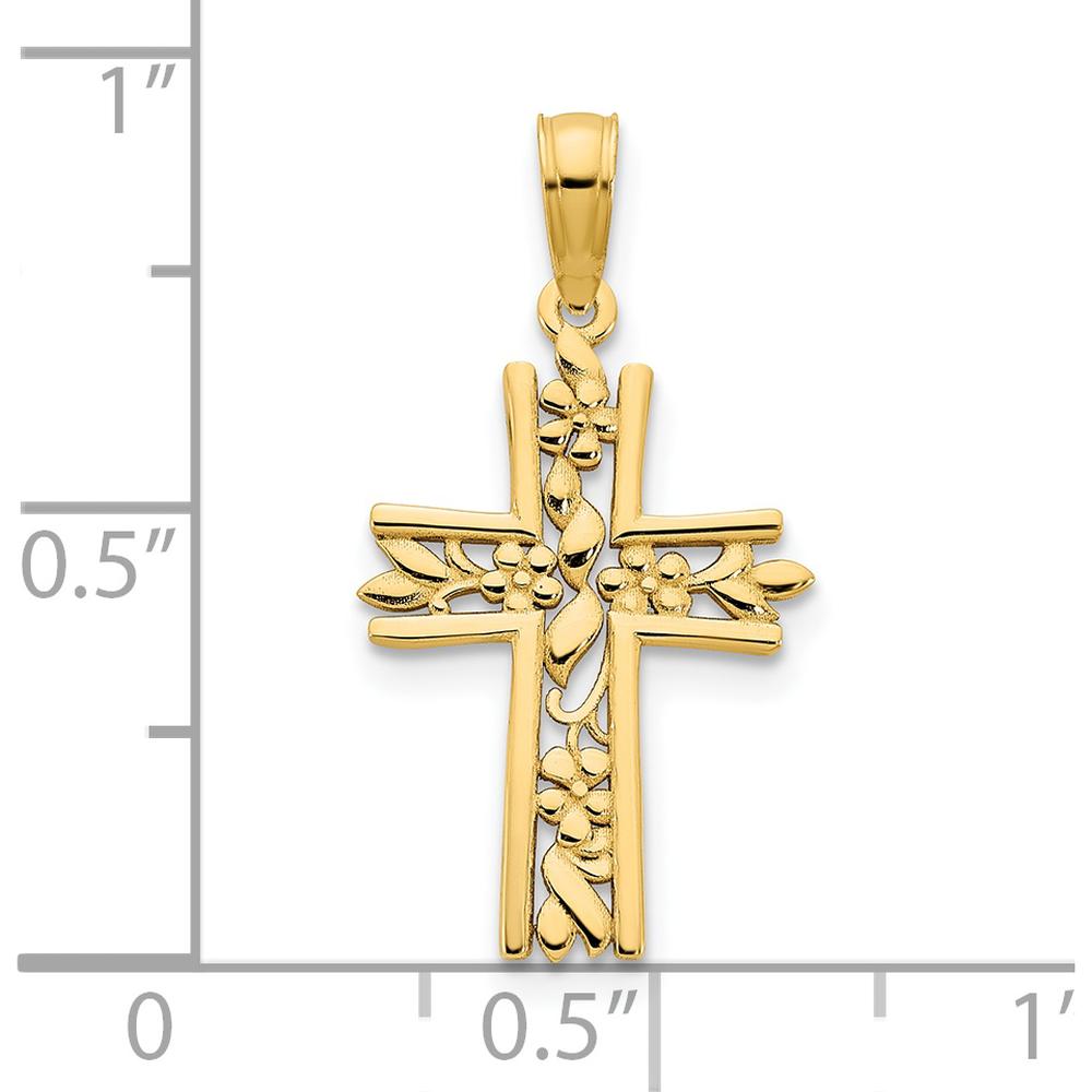 14K Yellow Gold Fancy Floral Cross Pendant - Elegant Textured Religious Charm by Oro Pregiato