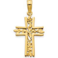 14K Yellow Gold Fancy Floral Cross Pendant - Elegant Textured Religious Charm by Oro Pregiato