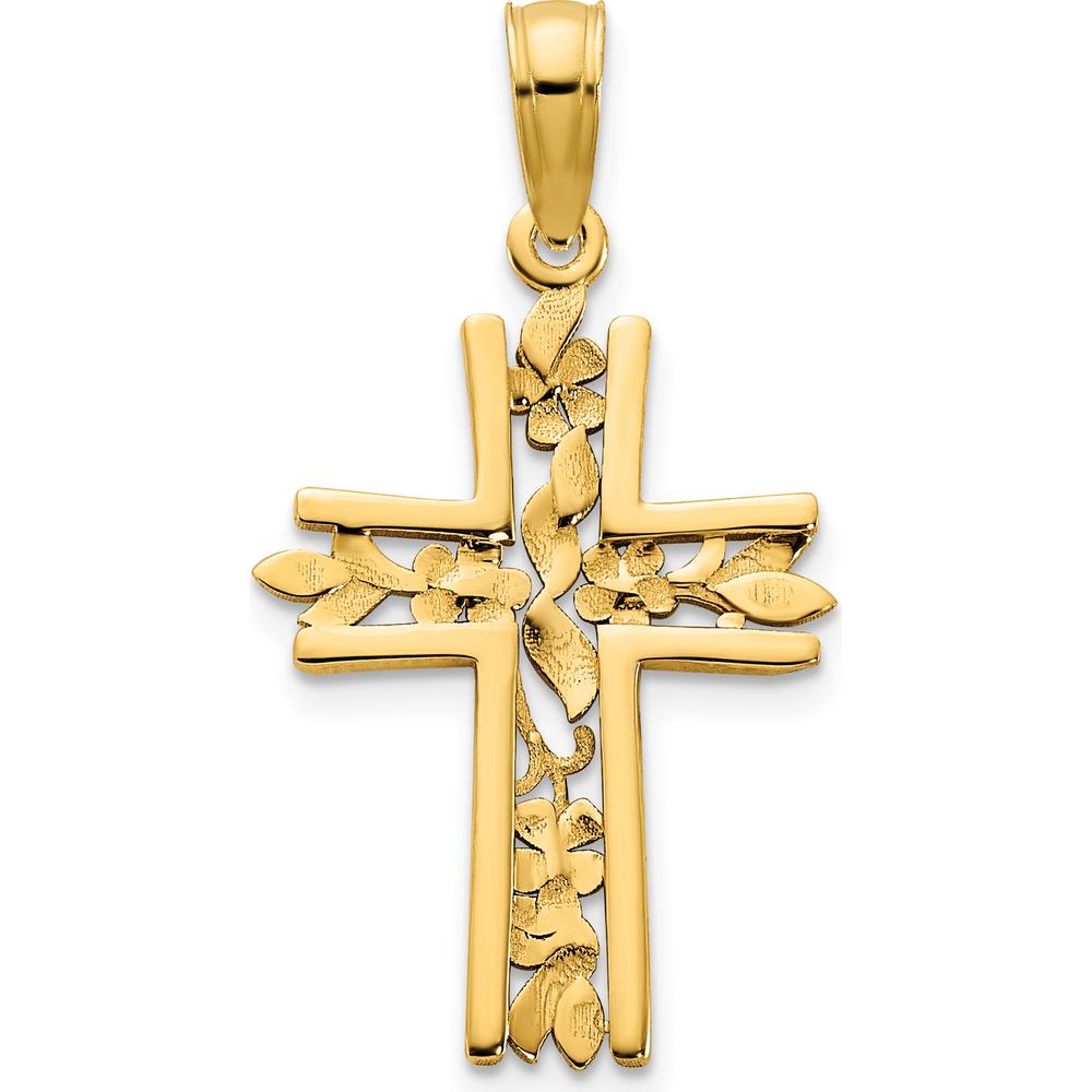 14K Yellow Gold Fancy Floral Cross Pendant - Elegant Textured Religious Charm by Oro Pregiato