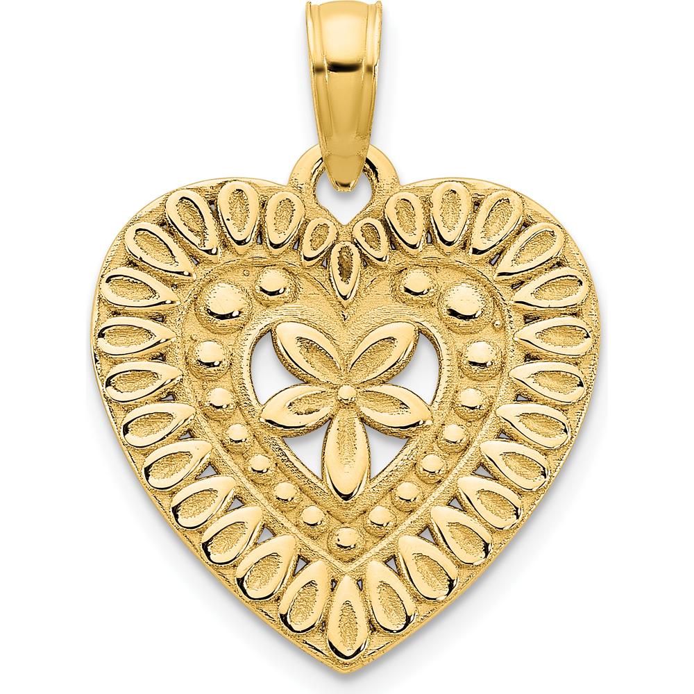14K Yellow Gold Fancy Floral Heart Pendant with Polished Finish by Oro Pregiato