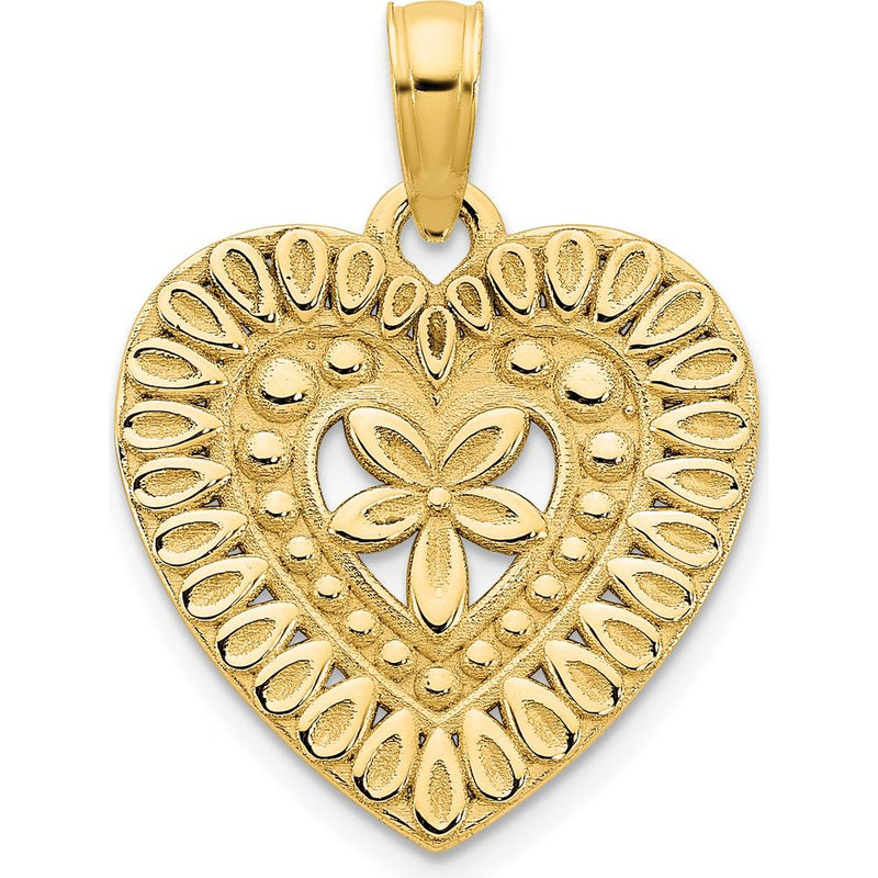 14K Yellow Gold Fancy Floral Heart Pendant with Polished Finish by Oro Pregiato