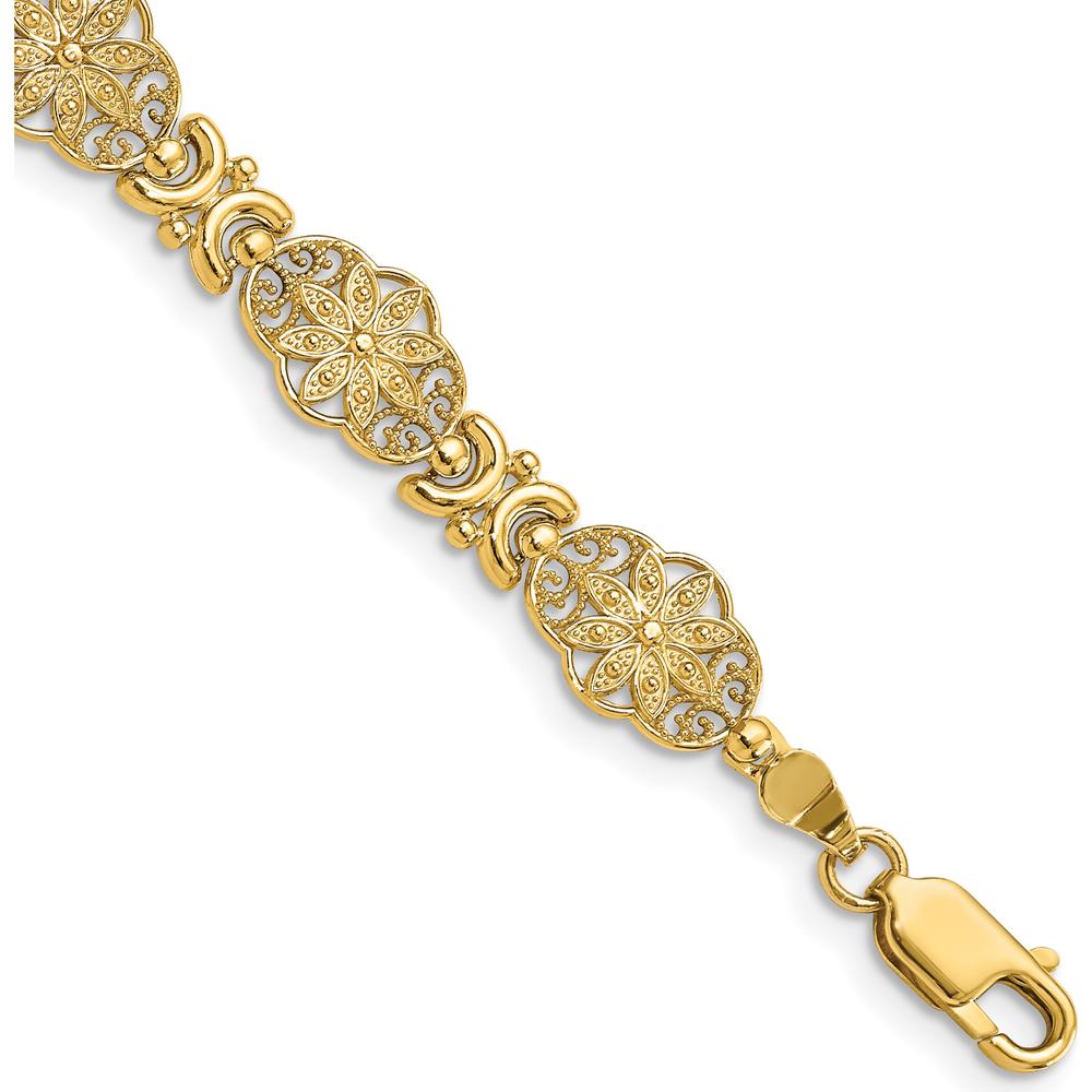 14K Yellow Gold Fancy Floral Link 7.5" Bracelet with Textured Filigree Design by Oro Pregiato