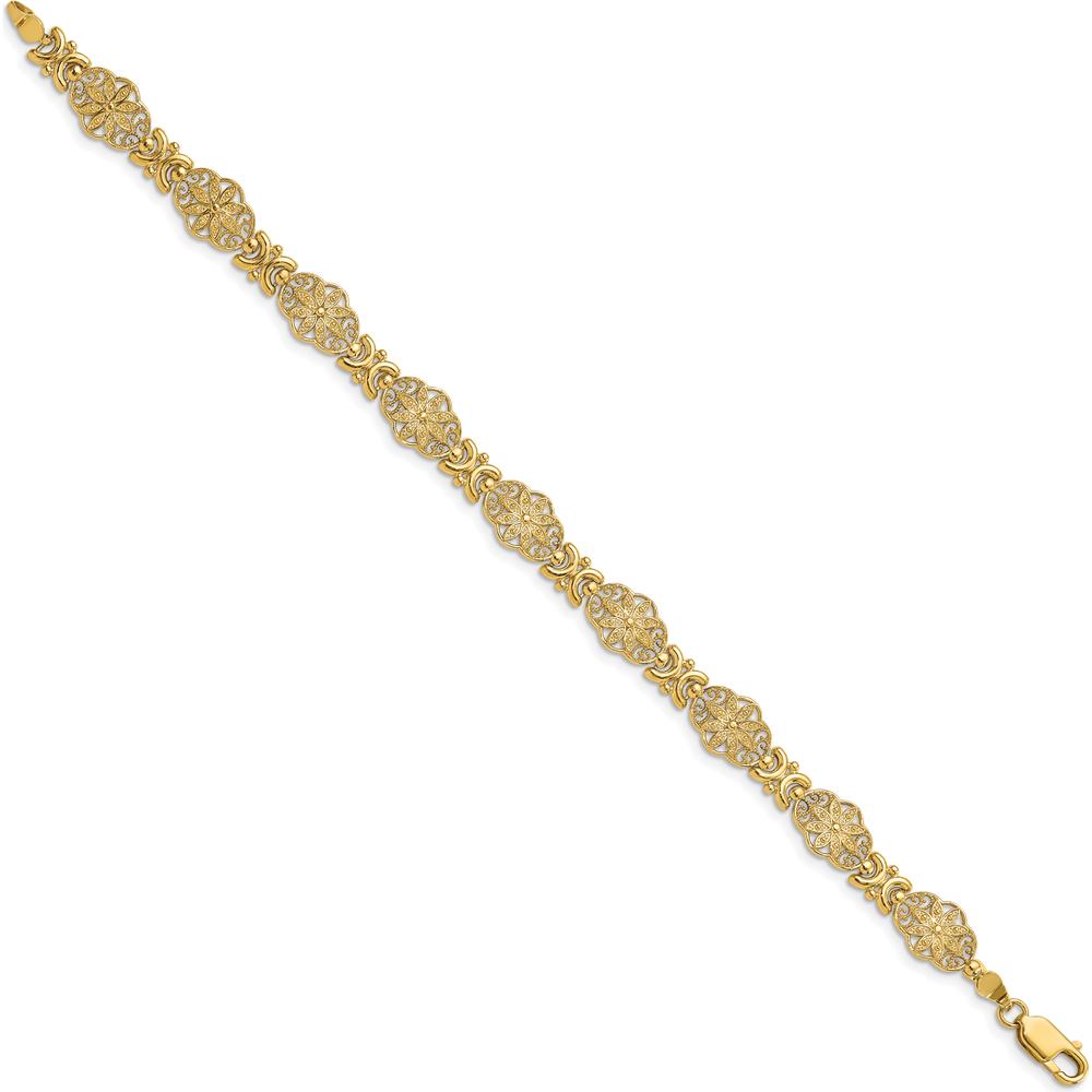 14K Yellow Gold Fancy Floral Link 7.5" Bracelet with Textured Filigree Design by Oro Pregiato