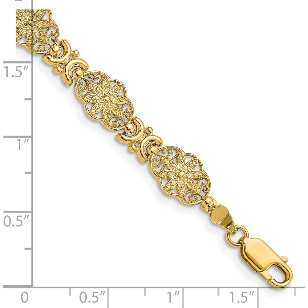 14K Yellow Gold Fancy Floral Link 7.5" Bracelet with Textured Filigree Design by Oro Pregiato