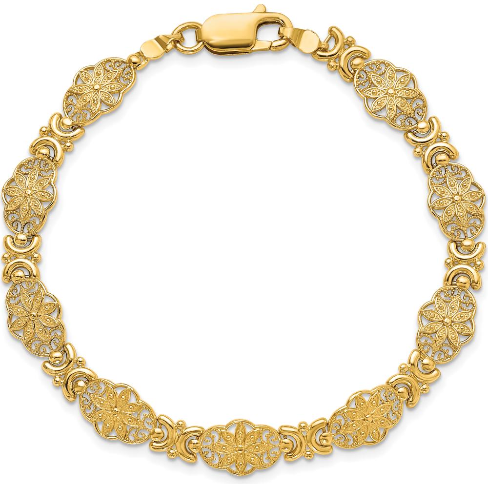 14K Yellow Gold Fancy Floral Link 7.5" Bracelet with Textured Filigree Design by Oro Pregiato