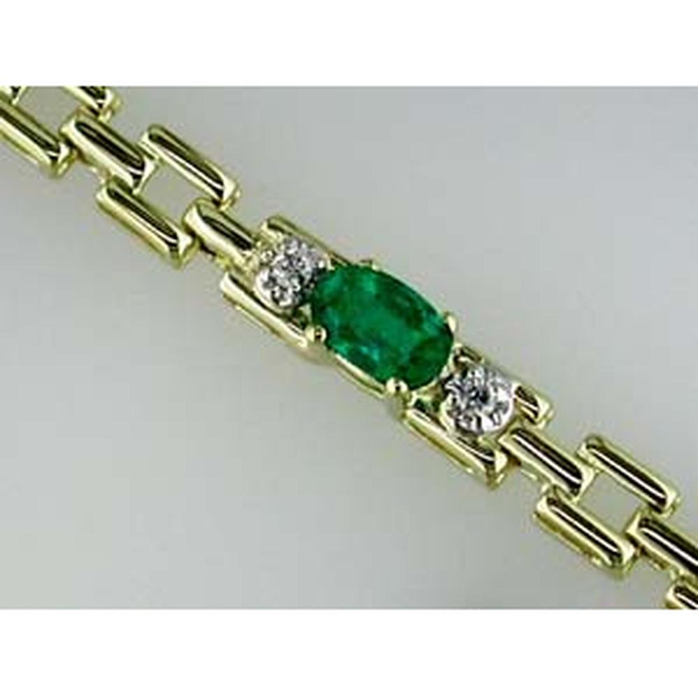 14K Yellow Gold Fancy Link Bracelet with Oval Emerald and Round Diamond Accents - 1.25 Carat Emerald and 0.11 Carat Total Diamond Weight - Royal Jewelry