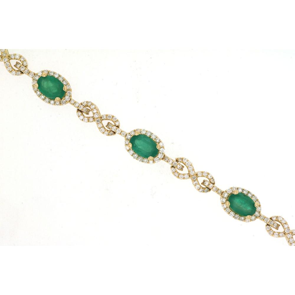 14K Yellow Gold Fancy Link Bracelet with Oval Emeralds and Diamond Halos - 3.50 Carat Total Emerald Weight, 2.00 Carat Total Diamond Weight - Royal Jewelry