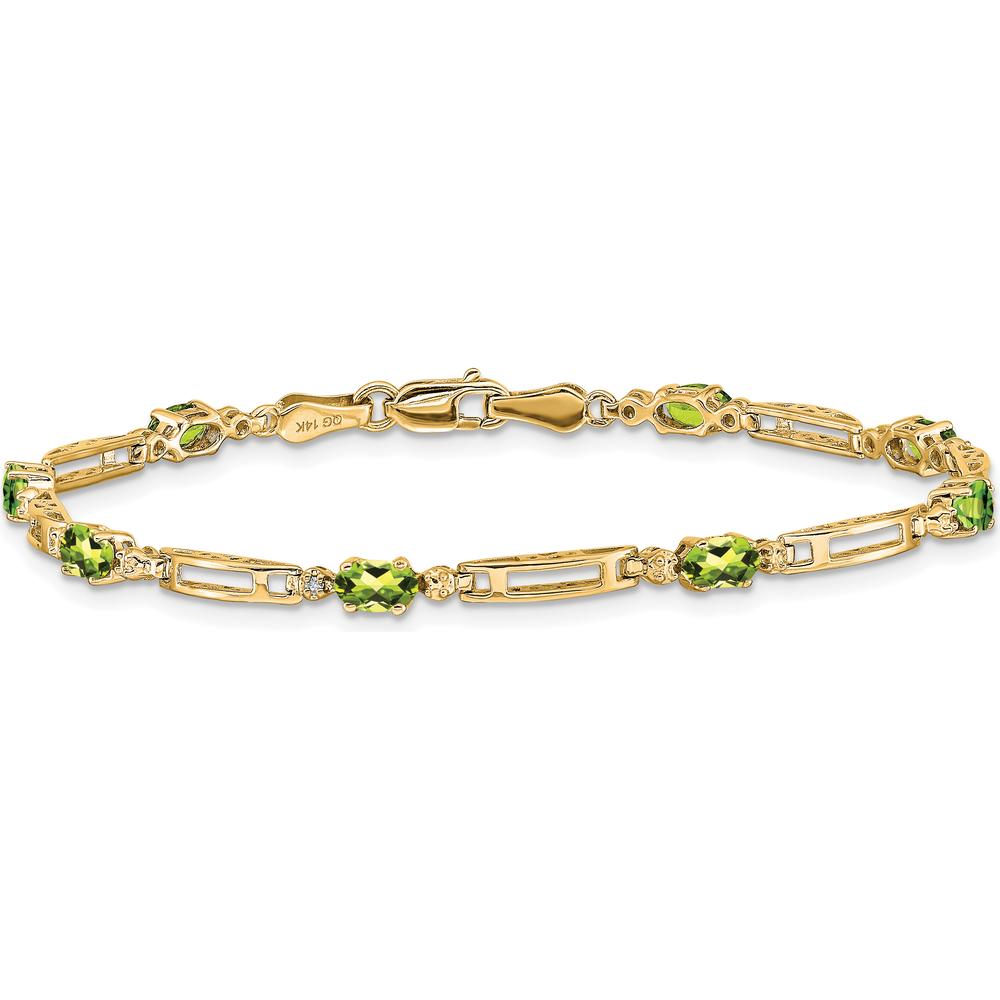 14K Yellow Gold Fancy Link Bracelet with Oval Peridots and Round Diamond - 0.25 Carats Peridot Total Weight by Monteluci Fine Jewelry