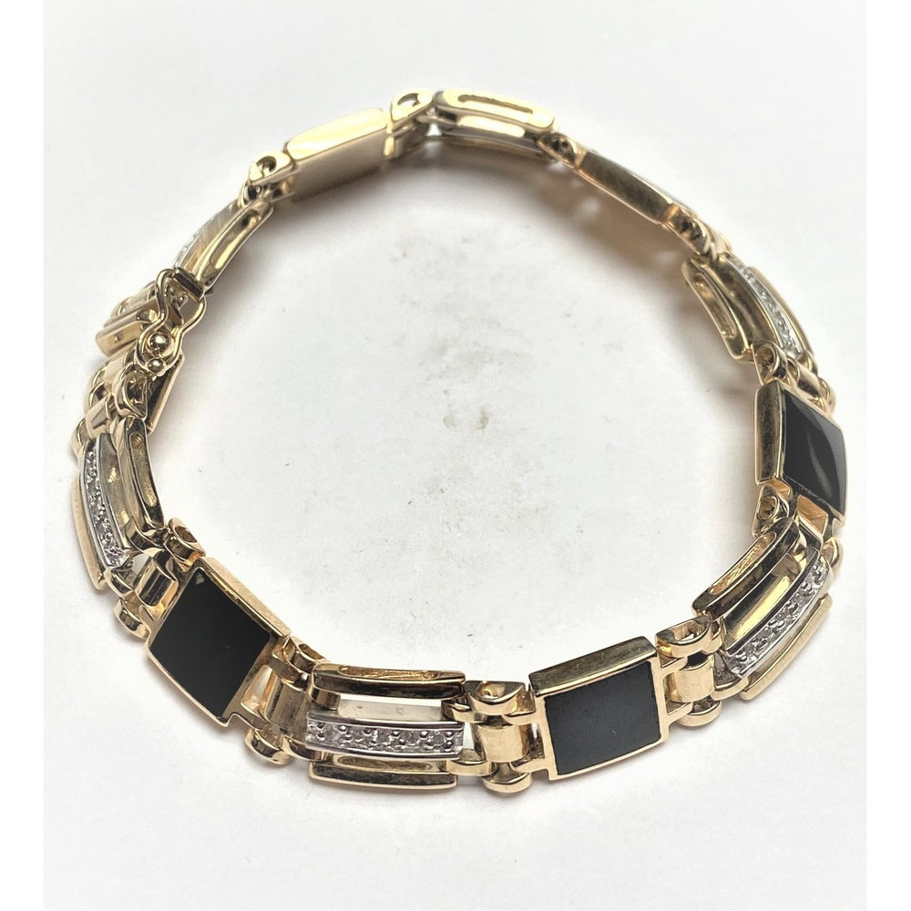 14K Yellow Gold Fancy Link Bracelet with Rectangular Black Onyx and Channel Set Round Diamonds - 0.54 Carat Total Diamond Weight by Auriventus