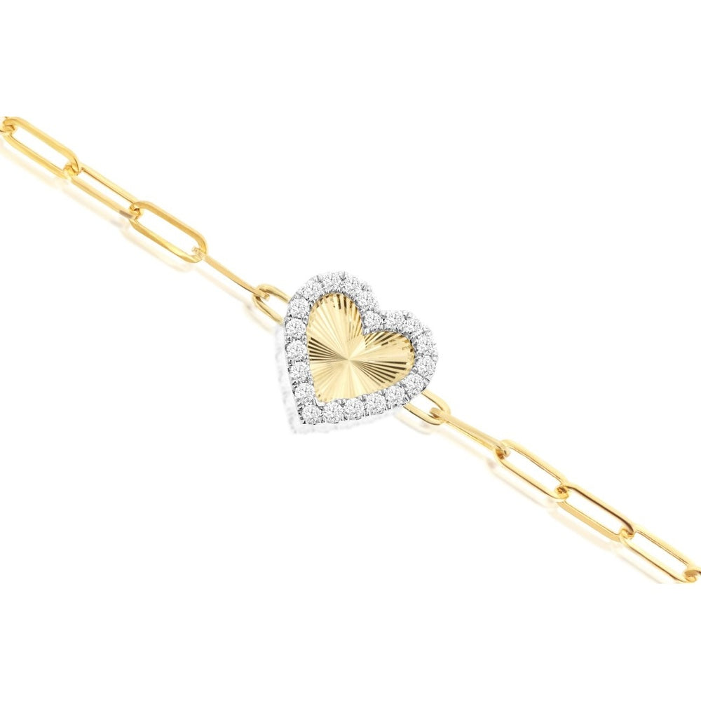 14K Yellow Gold Fancy Link Bracelet with Sunburst Heart Motif and Halo Set Round Diamonds - 0.26 Carat Total Diamond Weight - Royal Jewelry