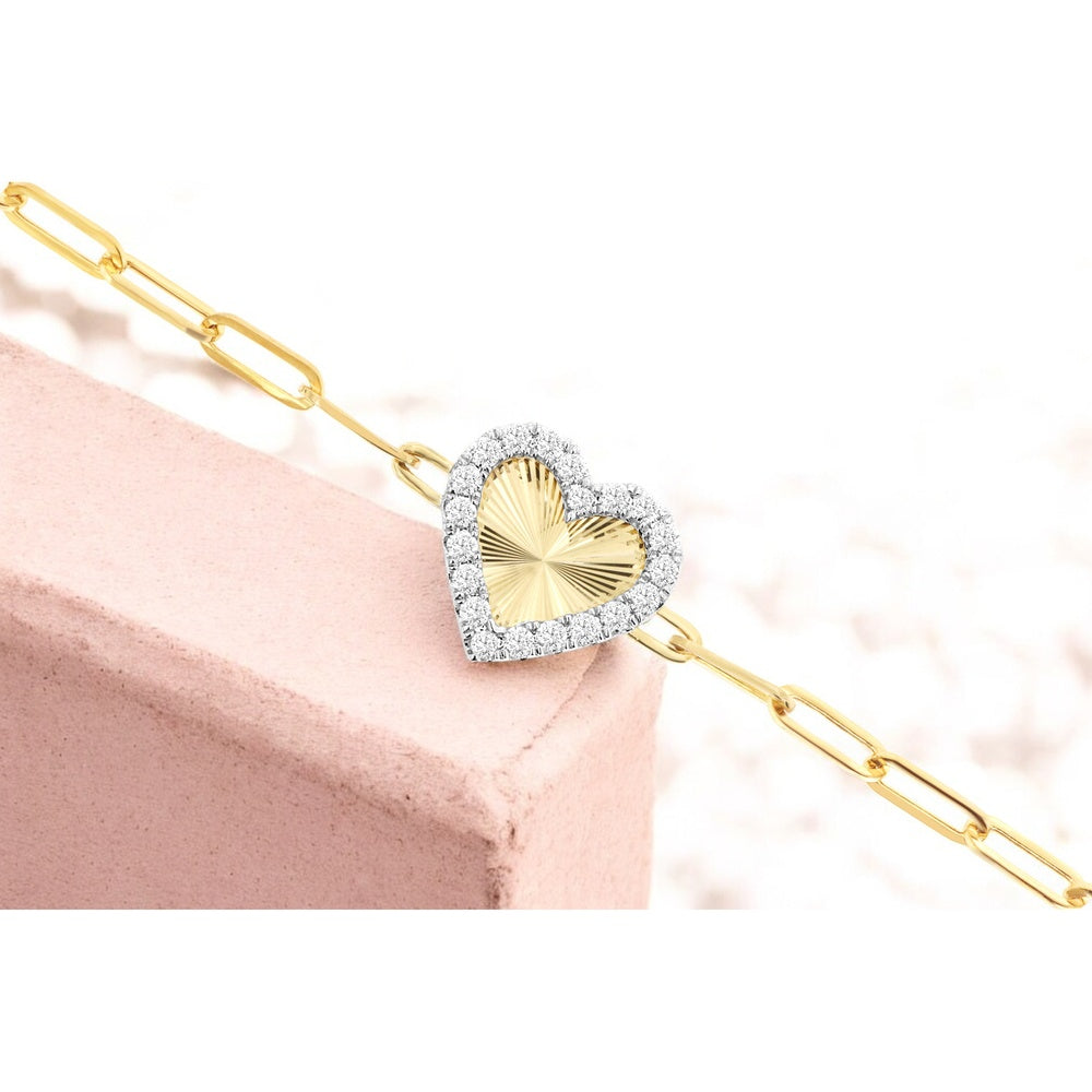 14K Yellow Gold Fancy Link Bracelet with Sunburst Heart Motif and Halo Set Round Diamonds - 0.26 Carat Total Diamond Weight - Royal Jewelry