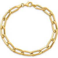 14K Yellow Gold Fancy Long Link Bracelet with Textured Finish - 7.5" Length by 0