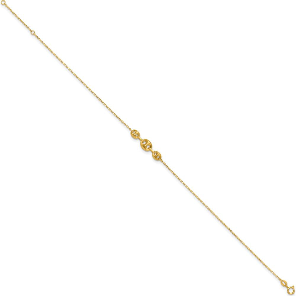 14K Yellow Gold Fancy Mariner Link 9" Anklet with 1" Extender