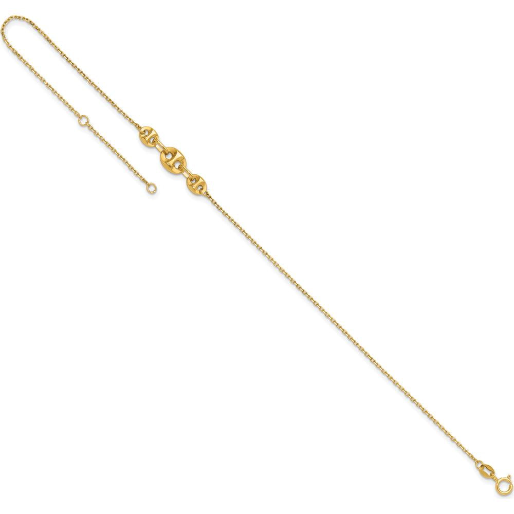 14K Yellow Gold Fancy Mariner Link 9" Anklet with 1" Extender