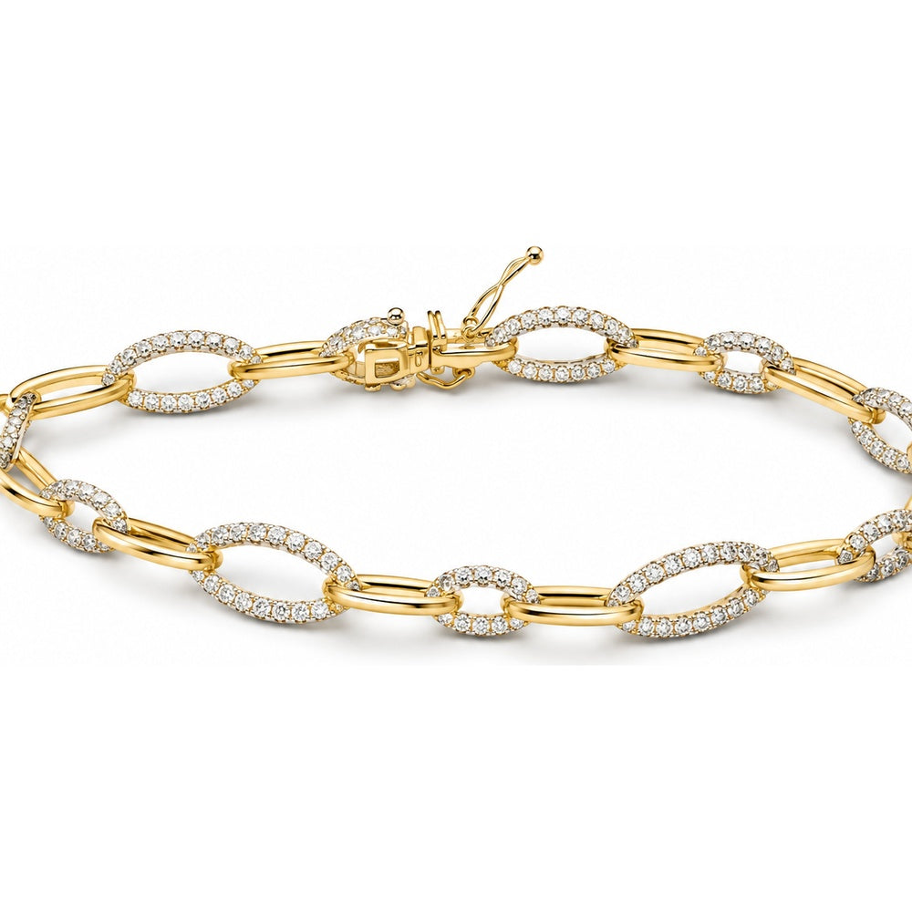 14K Yellow Gold Fancy Oval Link Bracelet with Prong Set Round Diamonds - 1.13 Carat Total Diamond Weight by Auriventus