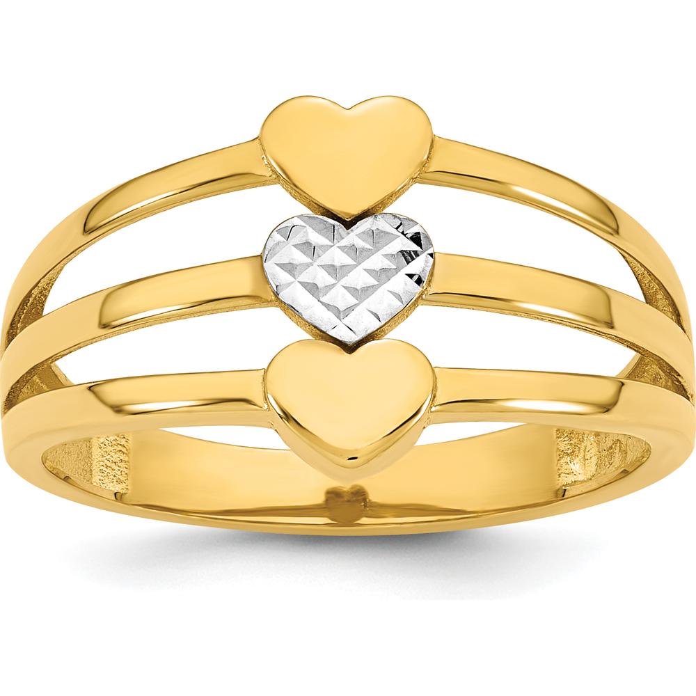 14K Yellow Gold Fashion Ring with Diamond-Cut Heart Motif and Rhodium Accent - 2.5mm Band Width by 0