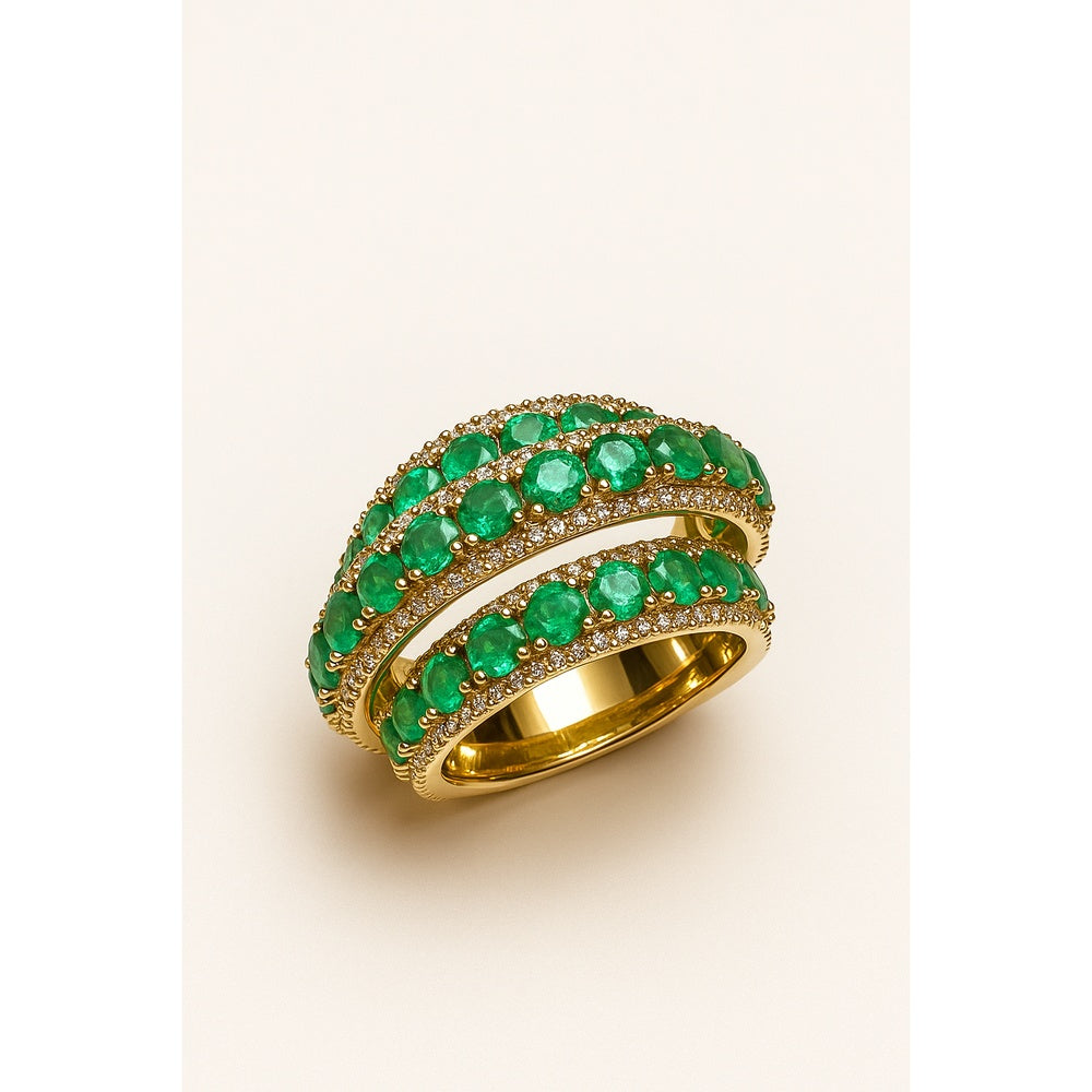 14K Yellow Gold Fashion Ring with Milgrain Detail Featuring Round Emeralds and Diamonds - 3.80 Carat Emerald and 0.99 Carat Diamond Total Weight by Auriventus