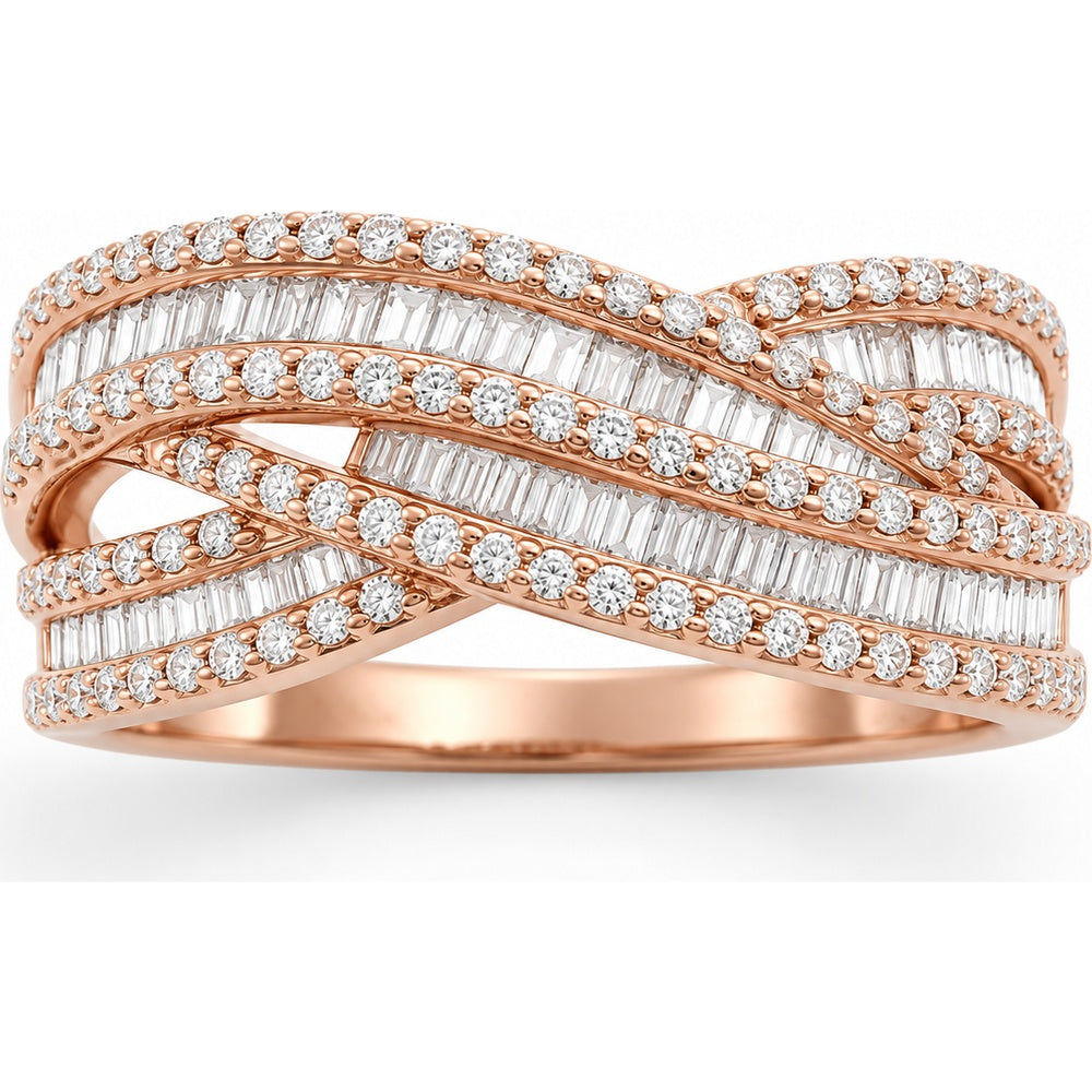 14K Yellow Gold Fashion Ring with Twisted Bands Featuring Round and Baguette Diamonds - 0.96 Carat Total Diamond Weight by Auriventus